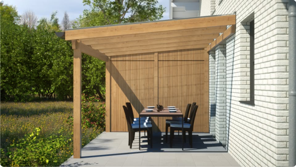 Holz Terrassendach mit Abstellraum am Haus befestigt Holz Terrassendach mit Abstellraum am Haus befestigt
