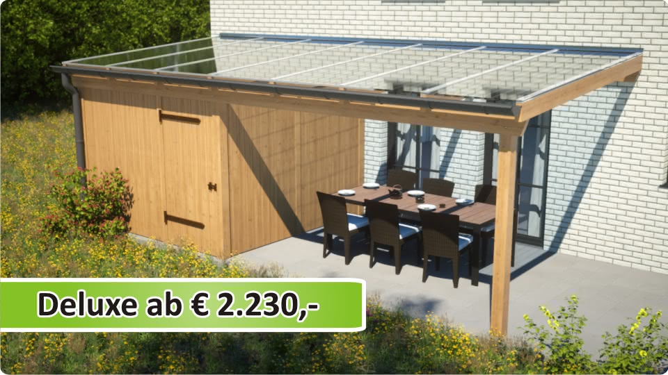 Terrassen&uuml;berdachung Anbau aus Leimholz mit Schuppen