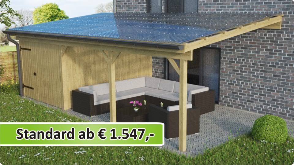 Terrassen&uuml;berdachung Anbau aus Holz und mit Ger&auml;teraum