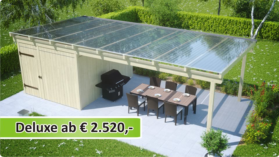 Terrassen&uuml;berdachung freistehend aus Leimholz und mit Schuppen