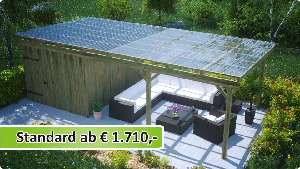 Terrassen&uuml;berdachung freistehend aus Holz mit Schuppen