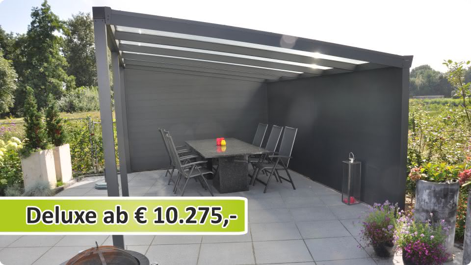 Terrassen&uuml;berdachung freistehend mit Schuppen aus Aluminium und mit Glasdach