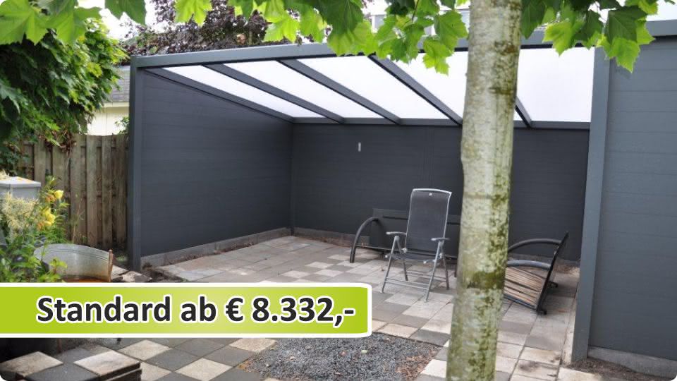 Terrassen&uuml;berdachung freistehend aus Aluminium und mit Ger&auml;teraum