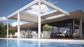 Anbau-Terrassen&uuml;berdachung aus Aluminium mit drehbaren und verschiebbaren Lamellen