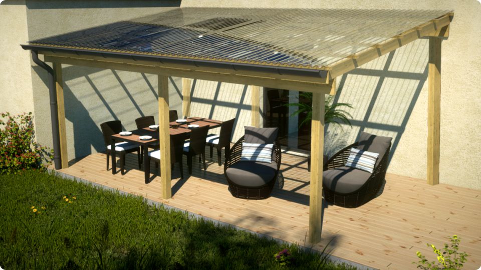 Terrassenüberdachung aus Holz ohne Befestigung an der Fassade Terrassenüberdachung aus Holz ohne Befestigung an der Fassade